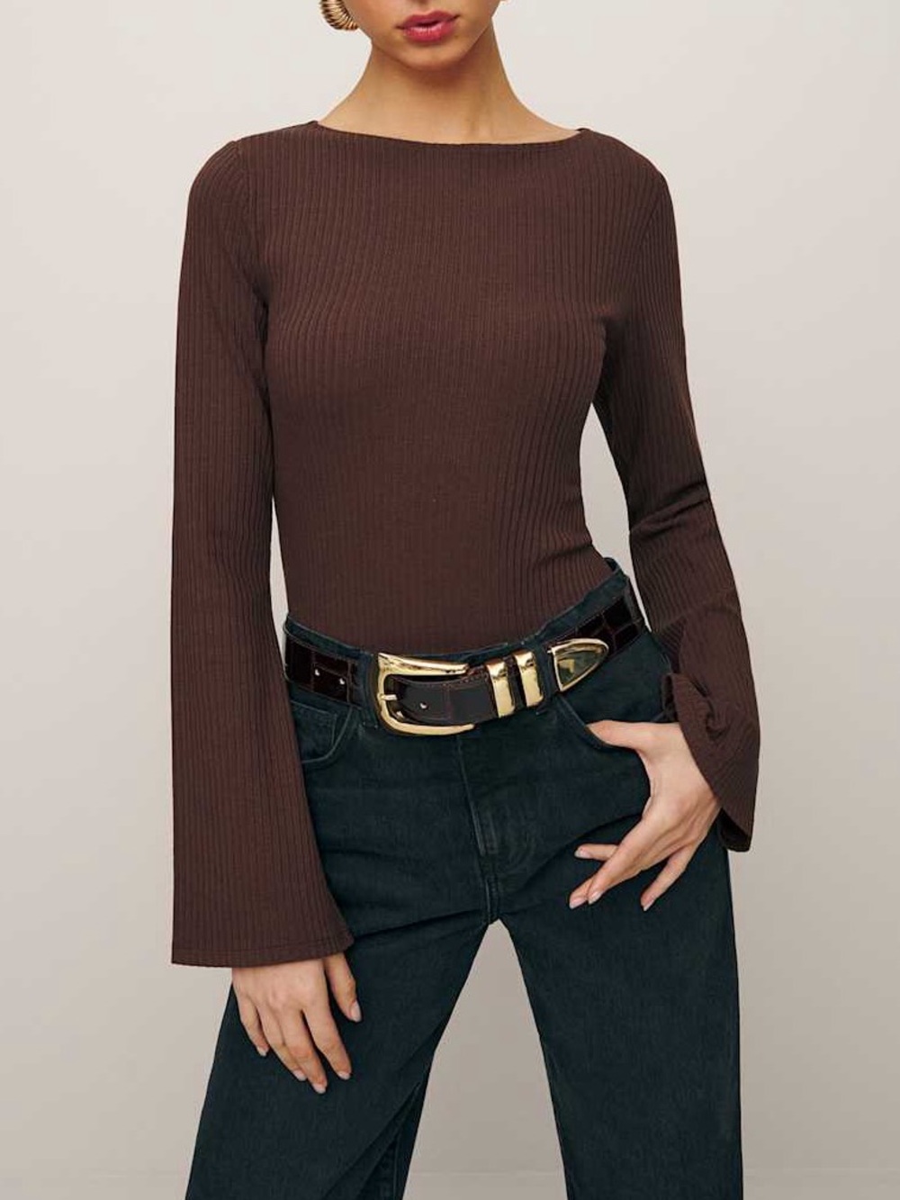 Reformation Miller Bell Sleeve Ribbed Knit Top Cafe Brown XS